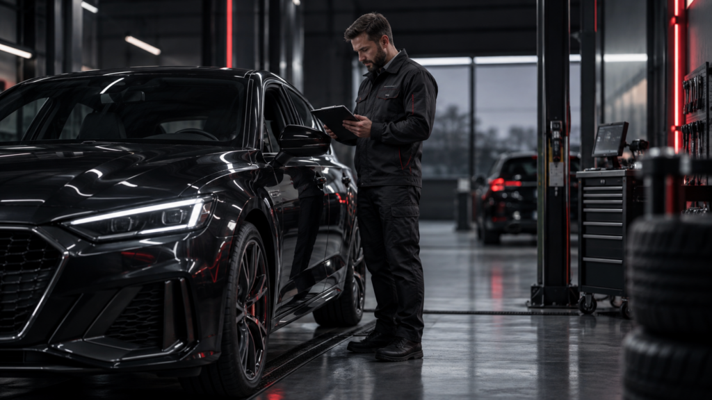 Expert automobile examinant un véhicule dans le cadre d’une procédure VE