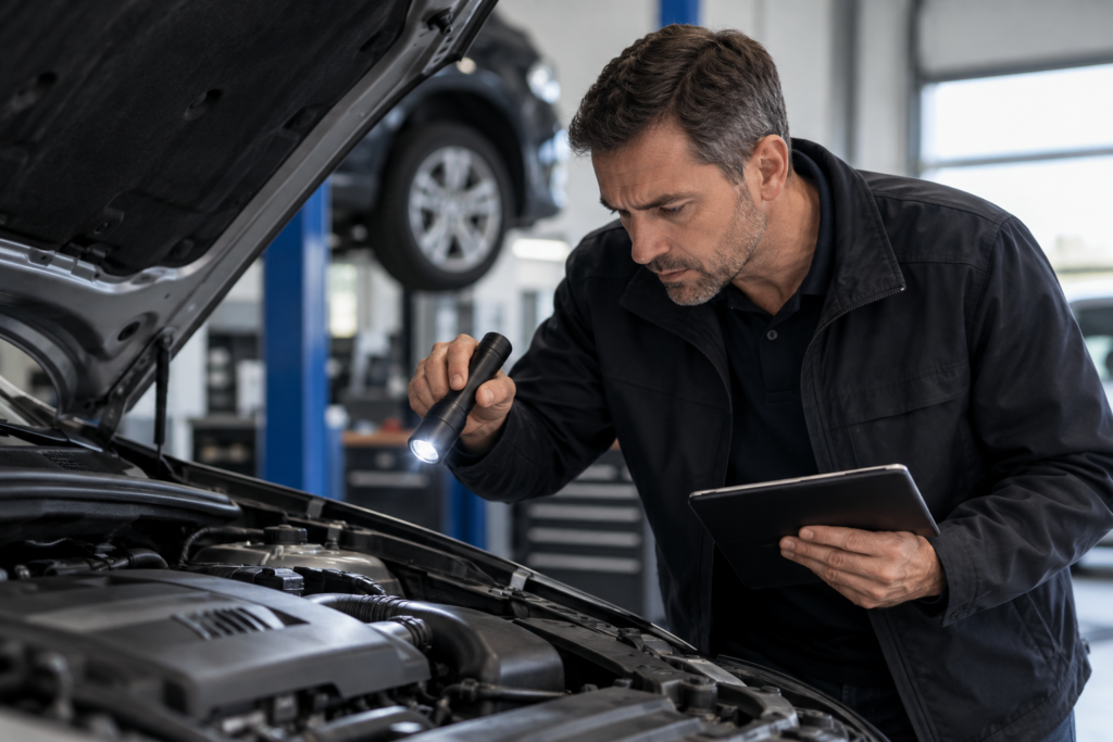 Expert automobile inspectant un véhicule dans le cadre d’un litige après achat ou réparation