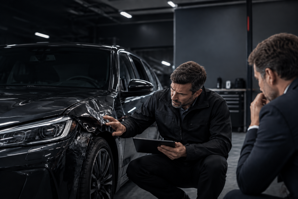 Expert automobile examinant un véhicule endommagé dans le cadre d’une contre-expertise